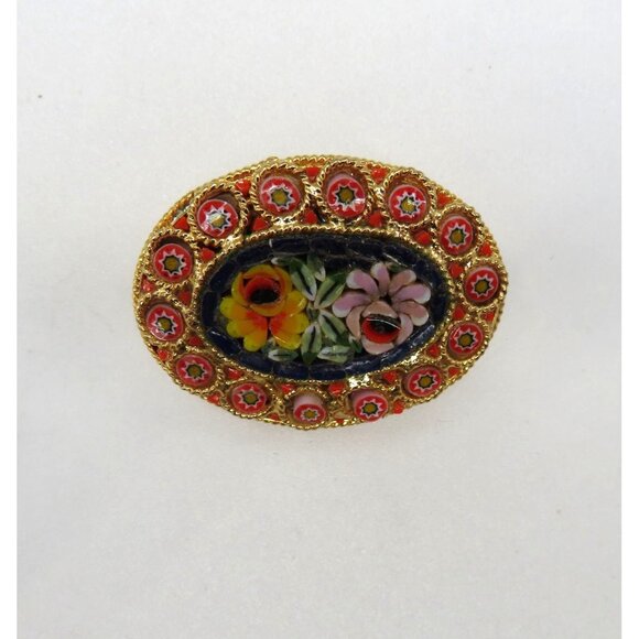 Vintage Italian Micro Mosaic Floral Brooch Millefiori Pin Gold Tone Oval Shape - Picture 4 of 13